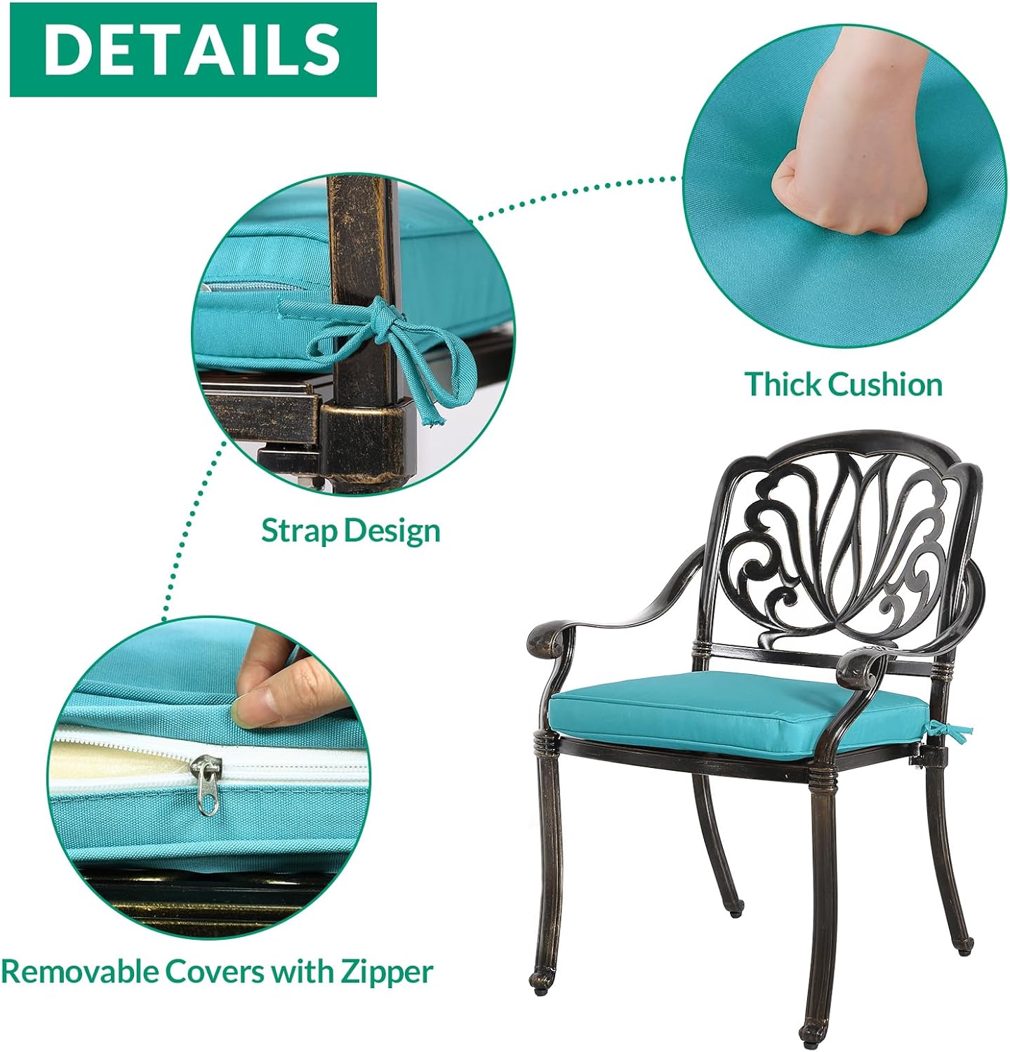 VIVIJASON 3-Piece Patio Furniture Dining Set, All-Weather Cast Aluminum Outdoor Bistro Set, Include 2 Chairs, 2 Cushions and 31" Round Table w/Umbrella Hole for Balcony, Backyard, Ocean Blue Cushion