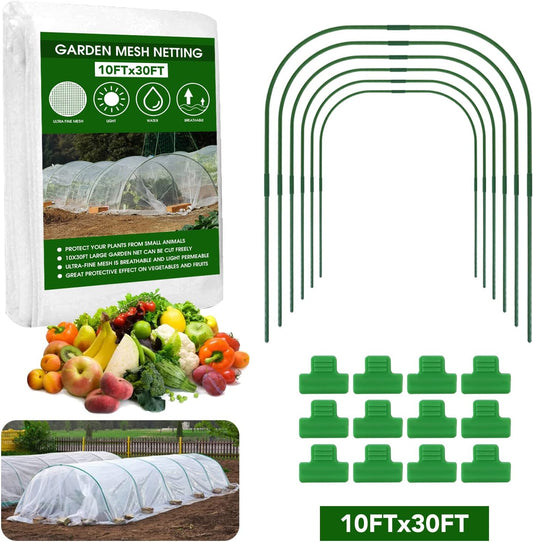 Garden Mesh Netting Kit - 10x30ft Ultra Fine Mesh with 6 Sets Hoops & 12 Clips, Bird Netting Protection for Fruit, Vegetable, Flowers & Animals, Greenhouse Cover