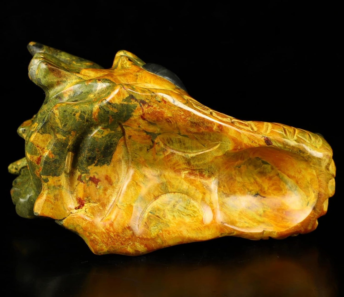 Skullis 5.1" Orpiment Crystal Dragon Skull with Labradorite Eyes, Hand Carved Gemstone Fine Art Sculpture, Reiki Healing Stone Statue.2136 Z8