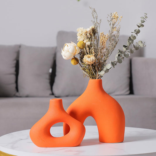 CEMABT Orange Ceramic Vase Set of 2 for Modern Minimalist Bohemian Decor，Round Matte Donut Vases for Pampas Grass-Perfect for Living Room, Dining Table, Office Bedroom Shelf Decor Entryway, Console