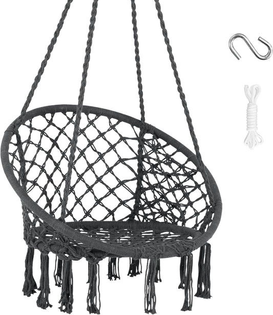 SUNCREAT Hammock Chair Hanging Macrame Swing with Hardware Kits, Max 330 Lbs, Handmade Knitted Mesh Rope Swing Chair for Indoor, Outdoor, Bedroom, Patio, Yard, Deck, Garden, Grey