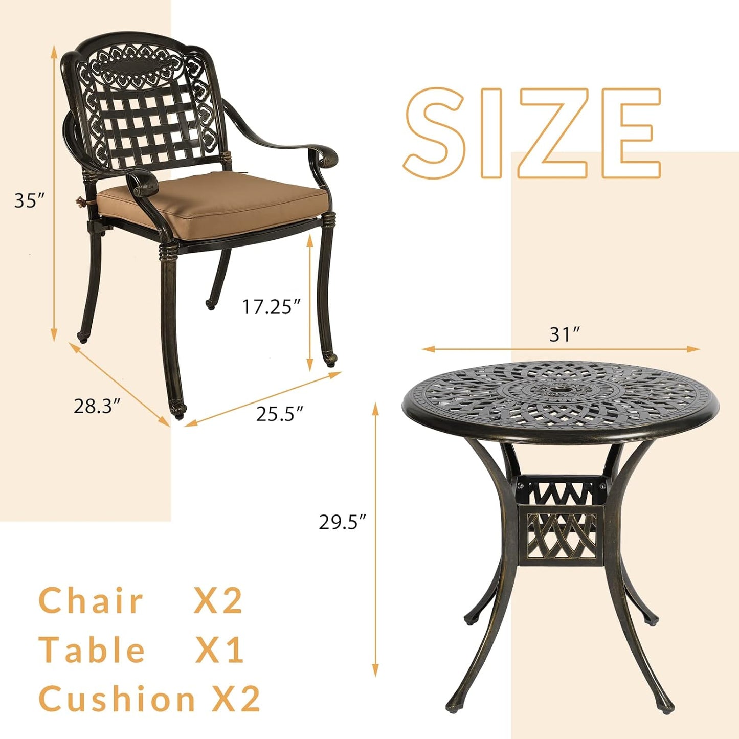 3-Piece Outdoor Patio Dining Set, All-Weather Cast Aluminum Patio Furniture Set for Backyard Garden Deck with 2 Cushioned Chairs and 31” Round Table, 2" Umbrella Hole