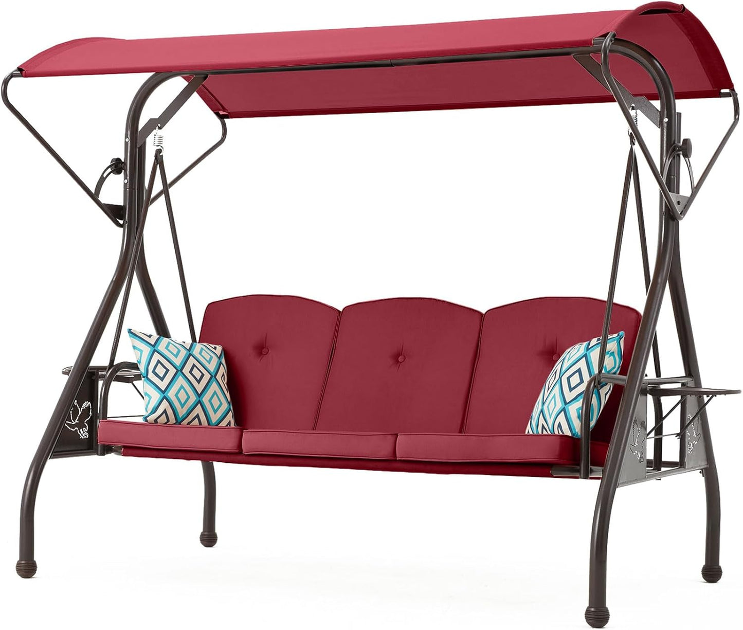 800LBS Patio Swing with Canopy 3 Seat Outdoor Porch Swing with Stand w/Cup Holder & Pillow Glider Chair Swing Bed for Patio Backyard Poolside (Red)