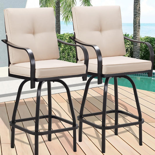 Patio Swivel Bar Stools, Outdoor High Back Swivel Bar Stool Chair Set of 2 with Cushion & All Weather Steel Frame, Beige