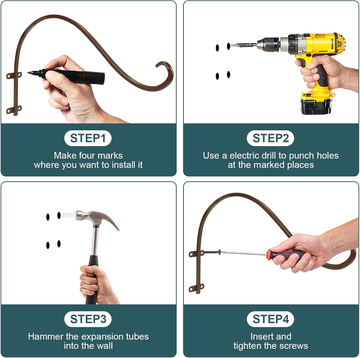 Plant Hangers Outdoor, 4 Pack 16 Inch Plant Hooks for Wall Metal Plants Hanging Bracket for Bird Feeder, Flower Baskets, Wind Chimes, Lanterns, Indoor Outdoor, Bronze