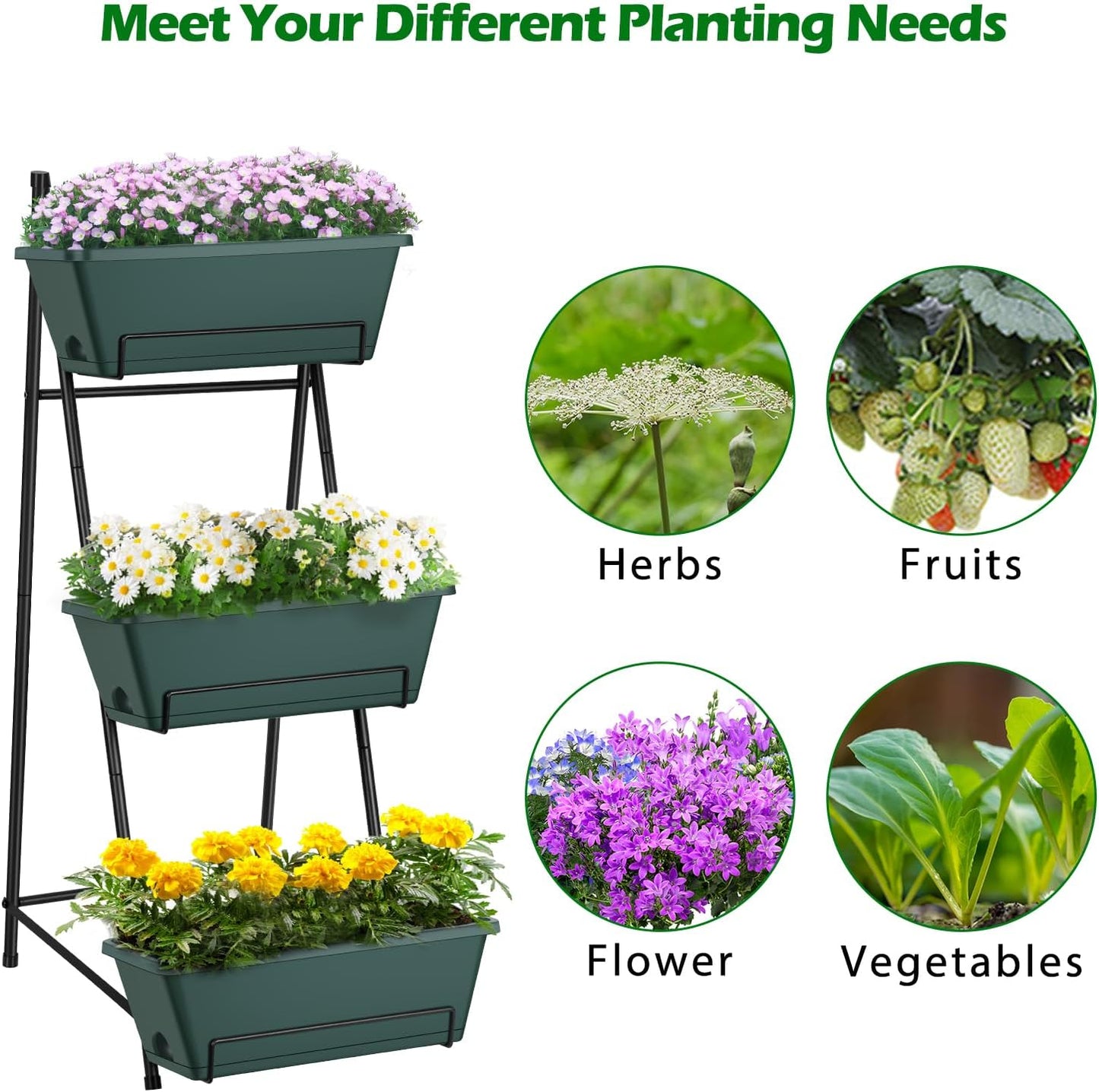 Raised Garden Bed 3 Tier Vertical Garden Planter Standing Garden Bed Planter Box Outdoor Herb Planter with Drainage Holes Removable Tray for Patio Balcony Porch Green