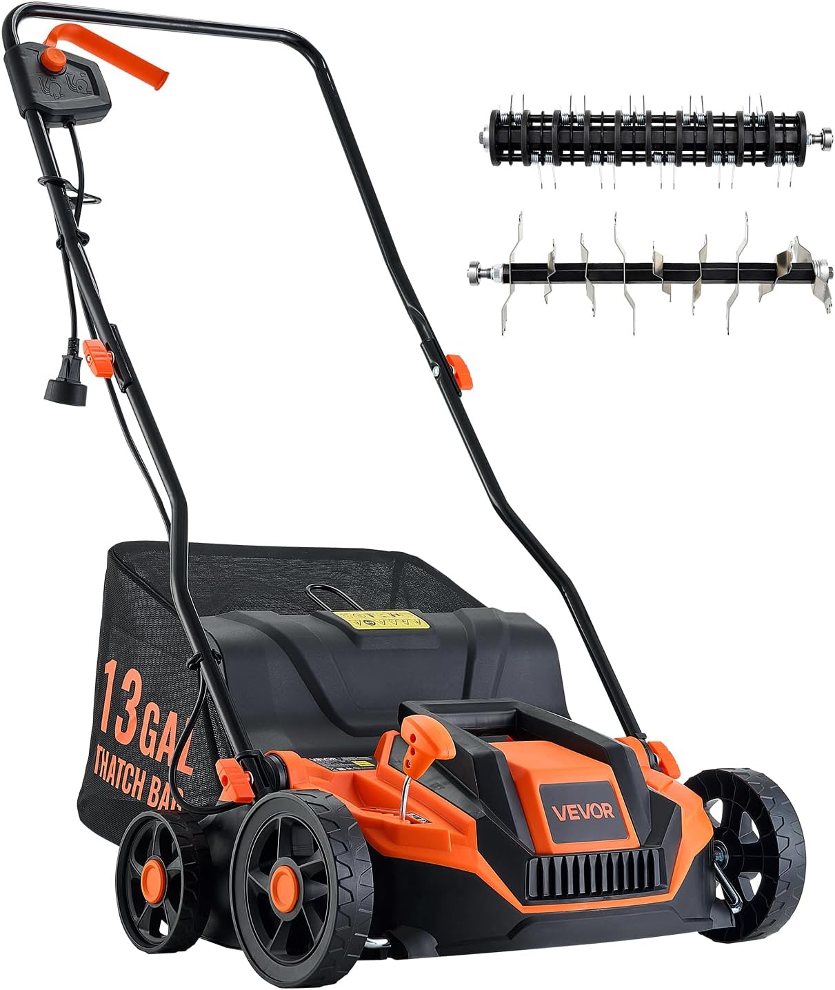 VEVOR 2-in-1 Electric Dethatcher and Scarifier, 13-Inch 13 Amp, Corded Lawn Dethatcher with 13-Gallon Thatch Collection Bag, 5-Position Depth Adjustment, Walk Behind Machine for Garden Yard Grass