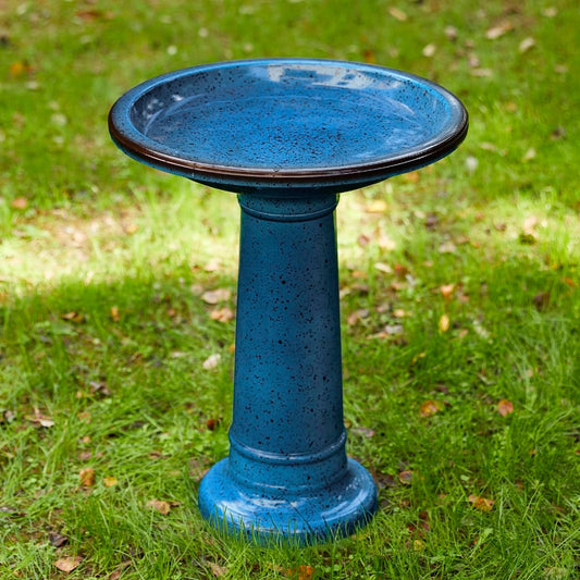 Glitzhome 21.5" H Plastic Cobalt Blue Faux Ceramic Bird Bath for Outside, Hand-Painted Tall Pedestal Style Birdbath for Outdoor Patio Garden Backyard Decking