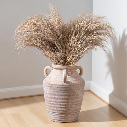 Vintage Terracotta Ceramic Vase with Handles, Rustic Beige Pottery Tulip Vase for Cottage Core Home Mantle Decor, Farmhouse Table Centerpieces, Large Bulk Flower Vases Jarrones Decorativos para Sala