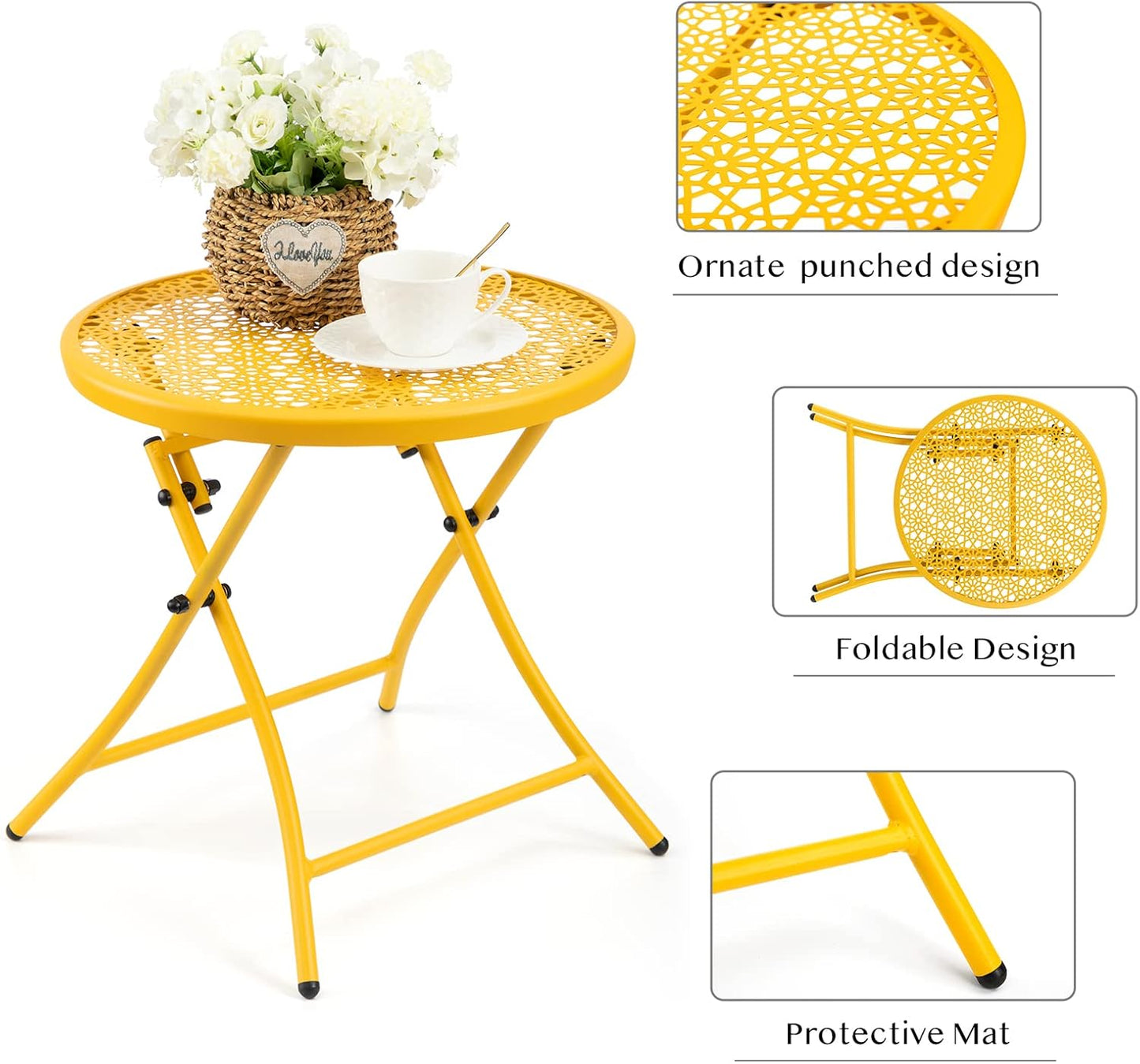 TeoKJ Folding Outdoor Side Tables, Anti Rust Small Patio Table Round Metal Nightstand with Flower Cutouts for Porch Yard Balcony Deck Lawn, Yellow