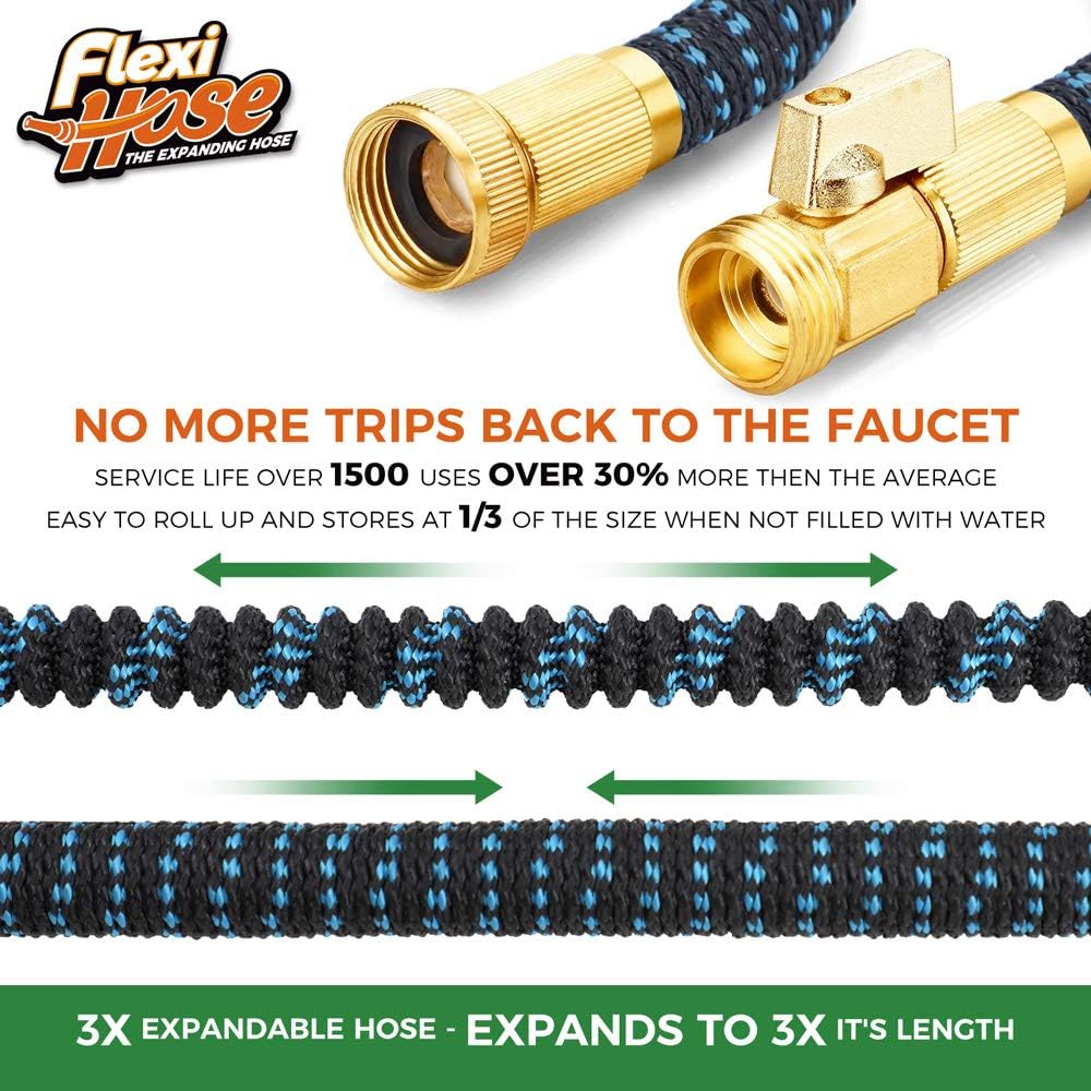 Flexi Hose with 8 Function Nozzle, 50FT - Lightweight Expandable Garden Hose, No-Kink Flexibility, 3/4 Inch Solid Brass Fittings and Double Latex Core