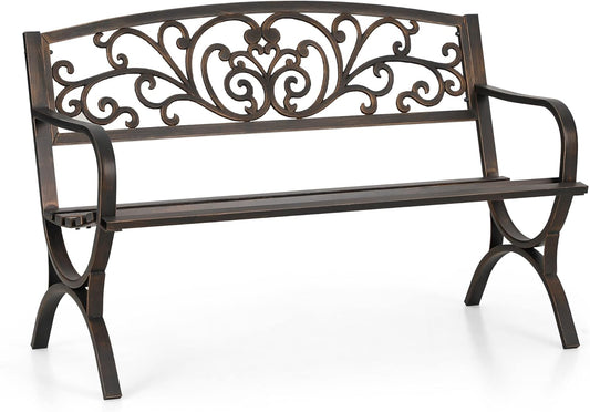 Sophia & William Metal Outdoor Bench, 50" Outdoor Garden Bench Patio Park Bench, Cast Iron Park Benches for Outside with Floral Design Backrest, Bronze