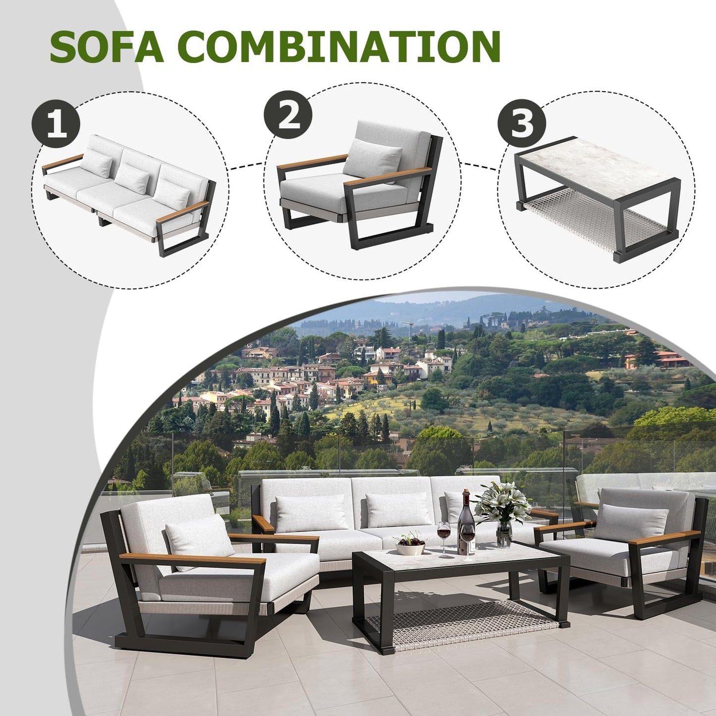 Aluminum Outdoor Patio Furniture Set 5 Seat, Patio Conversation Set with Durable Mesh Rope Weaving, Wide Armrests and Seats, Metal Sofa Set for Patio Grey