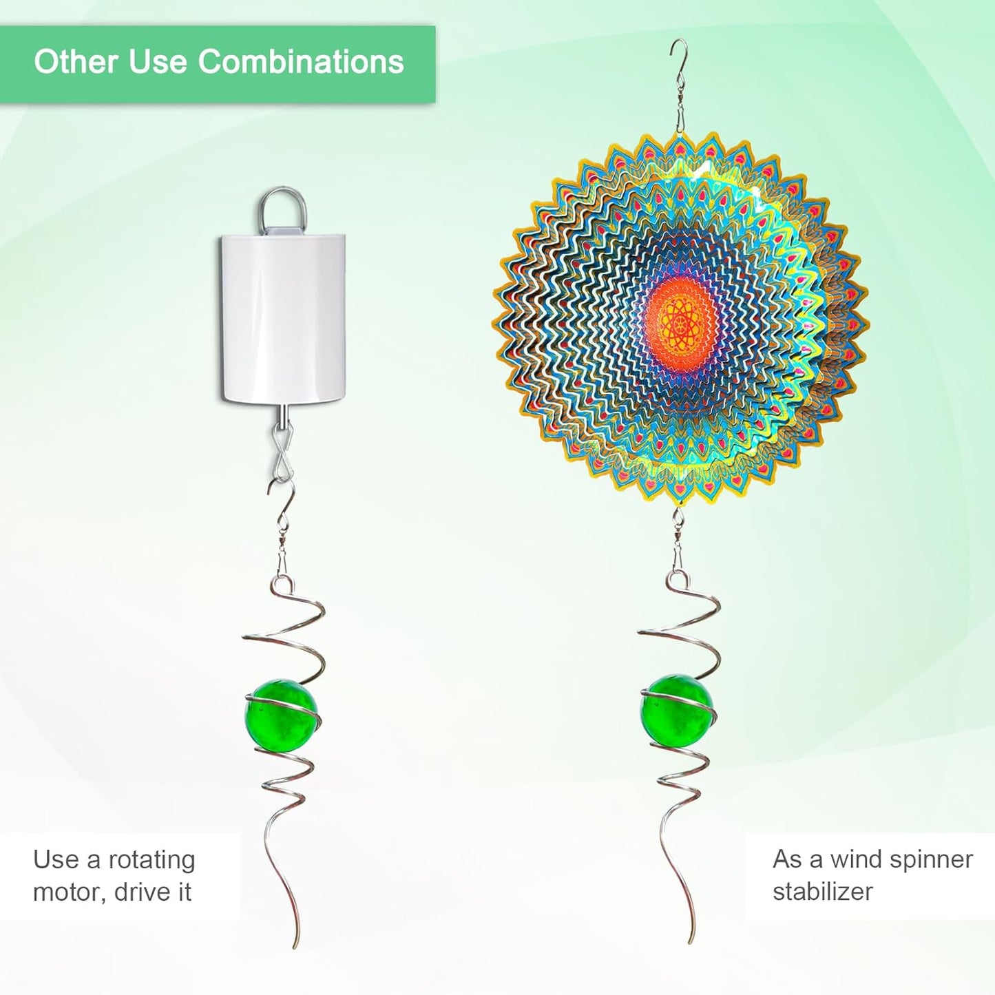 Wind Spinner Tail, Wind Spinners Stabilizer with Green Glass Orb, Gazing Ball Spiral, Sun Catcher Rainbow Maker Hanging Decoration Decor for Yard Garden, Saint Patrick's Day Gift Ideas