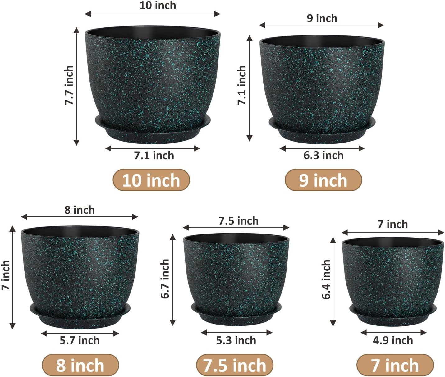 Plant Pots 10/9/8/7.5/7 inch Set of 5,Flower Pots with Multi Mesh Drainage Holes, Large Planters for Indoor Outdoor Garden Plants and Flowers. (Green Speckles)