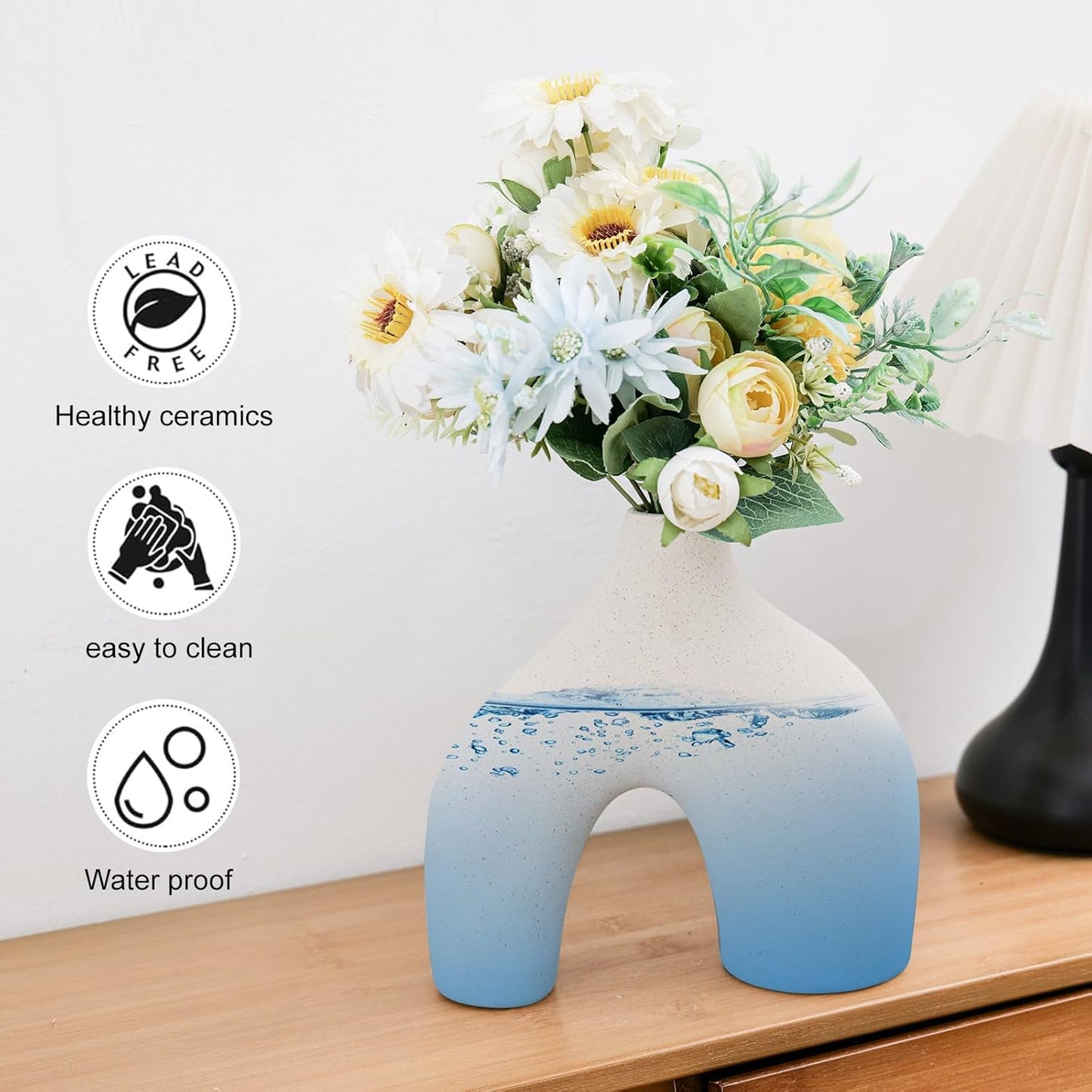 CEMABT Beige Ceramic Vase Set of 2 for Modern Minimalist Bohemian Decor，Round Matte Donut Vases for Pampas Grass-Perfect for Living Room, Dining Table, Office Bedroom Shelf Decor Entryway, Console…