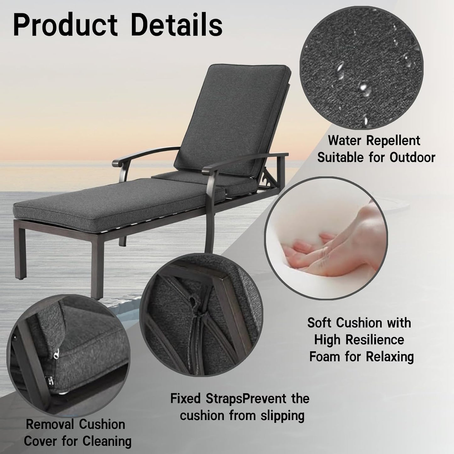 Outdoor Chaise Lounge with 5-Level Adjustable Backrest, Durable Aluminum Patio Chair with Waterproof Cushion & Wheels for Garden, Poolside, Grey