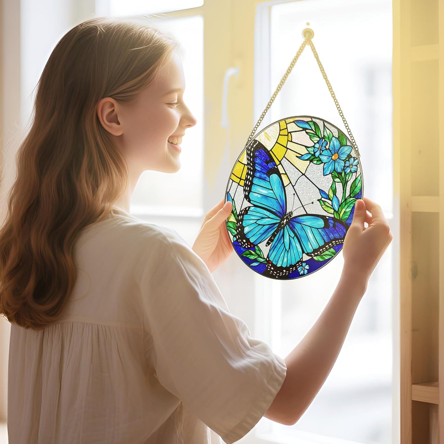 Stained Glass Window Hanging, 8 Inch Sun Catchers Indoor Window, Butterfly Suncatchers for Windows Doors Home Decoration and Christmas, Festival, Housewarming, Mother's Day, Birthday, Gift for Women