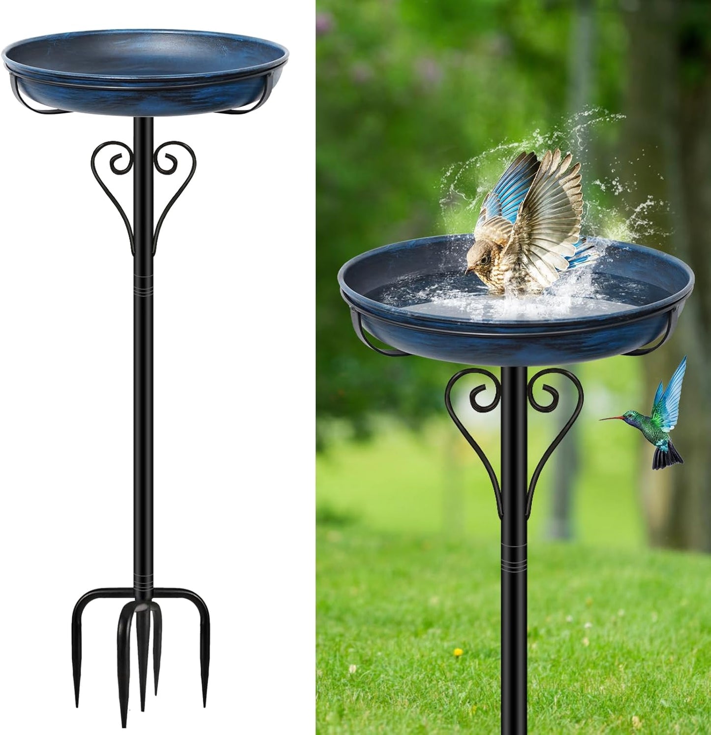 Metal Bird Bath for Outside, Vintage Freestanding Birdbaths with Metal Stake, Upgraded 5 Pronged Base Birdfeeder Feeder Bowl for Outdoors Garden Patio Yard Lawn Decor (Vintage Blue)