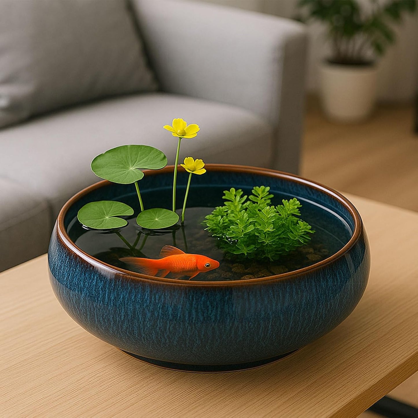 Oncpcare Lotus Bowl Planter – Glazed Ceramic Water Plant Pot for Indoor Outdoor Use, Shallow Hydroponic Vase for Lotus Seeds, Succulents, Bonsai, Water Lily Arrangement (Blue)