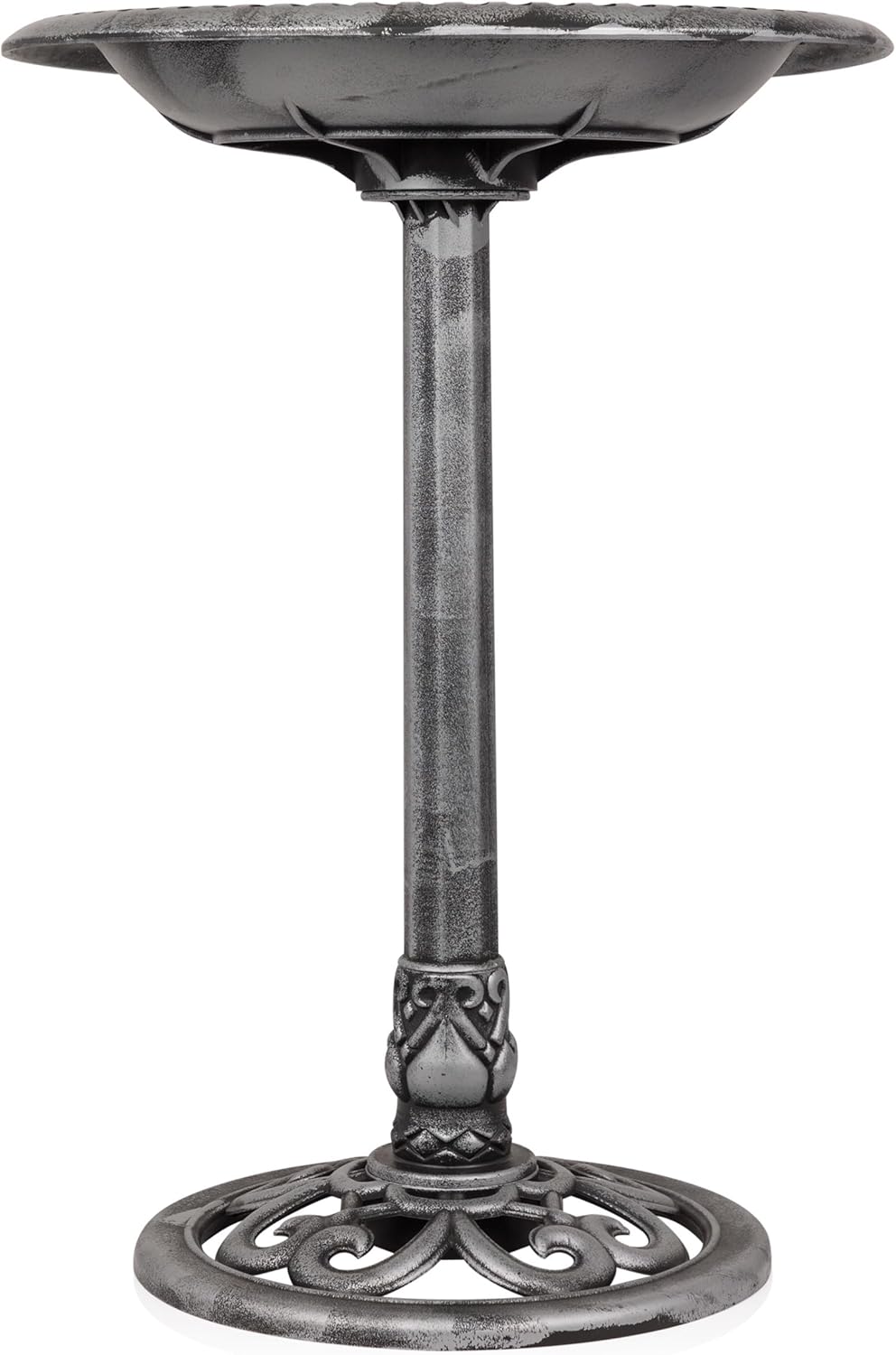 Alpine Corporation TEC116GR Outdoor Pedestal Birdbath w/Scrollwork Base and Stakes, Elegant Birdbath for Garden, 28" H, Gray