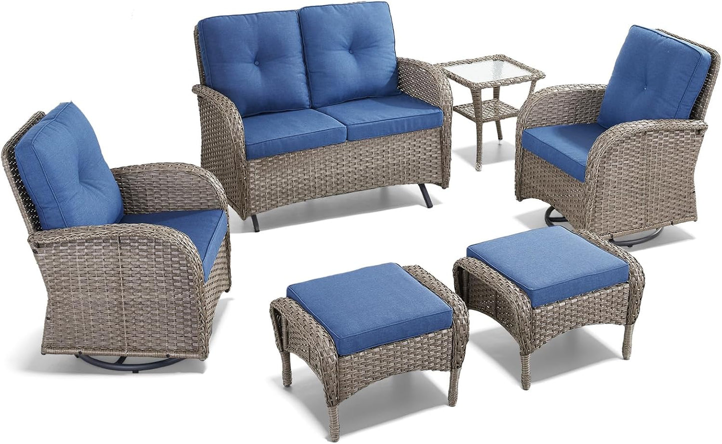 HUMMUH 6 Pieces Patio Furniture Set-Patio Glider Loveseat with Rattan Outdoor Swivel Chairs Outdoor Conversation Furniture Sets for Deck Lawn Porch Balcony Poolside-Grey/Blue
