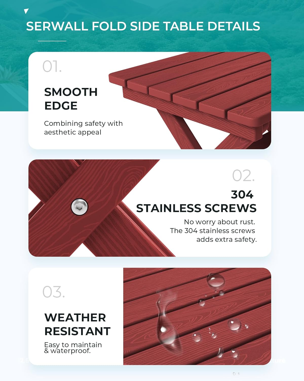 SERWALL Folding Adirondack Side Table, HDPE Small Outdoor Table, No Assembly Required End Table for Backyard Pool Porch Garden Lawn, Red