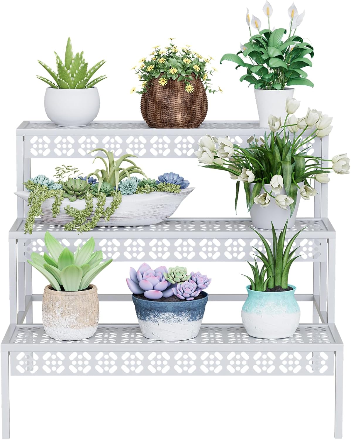 Garden 4 you 3 Tiers Metal Plant Stand,Rectangular Ladder Flower Pots Outdoor Plant Rack, Indoor Plant Display Rack, Heavy Duty Utility Storage Organizer for Home Garden Patio Balcony, Stair Style(White)