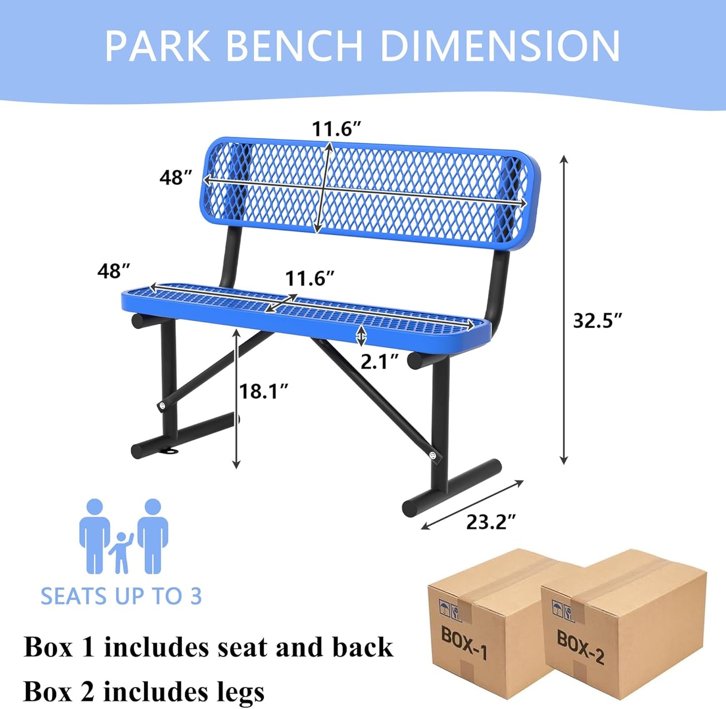 4 Feet Heavy Duty Metal Park Bench for Outside, Outdoor Bench with Backrest & Portable Frame, Commercial Benches for Shopping Malls, Stores, Parks, Patios, Decks, Blue