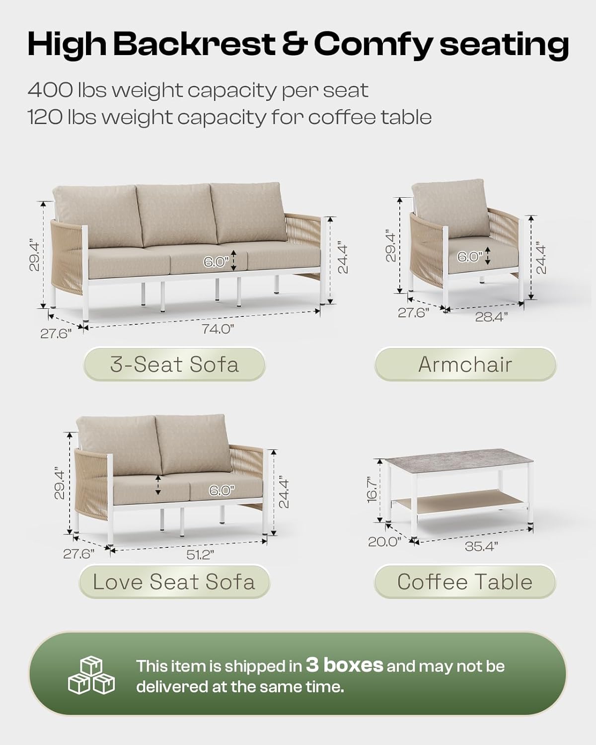 Aluminum Outdoor Patio Furniture Set, HDPE Rope 4 Piece Modern Sectional Conversation Sets with Dual-Layer Coffee Table, All Weather Patio Couch Set with Thick Cushions, White Frame, Ivory