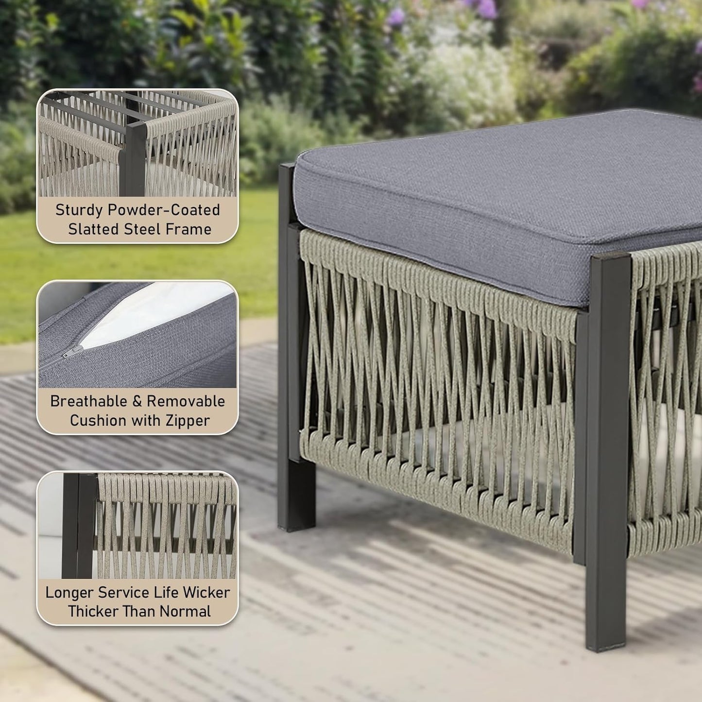 3 Pieces Patio Furniture Set, Outdoor Sectional Wicker Patio Couch with Ottoman & Washable Cushions All-Weather PE Rattan Patio 3-Seating Sofas for Garden, Porch, Backyard - Dark Grey