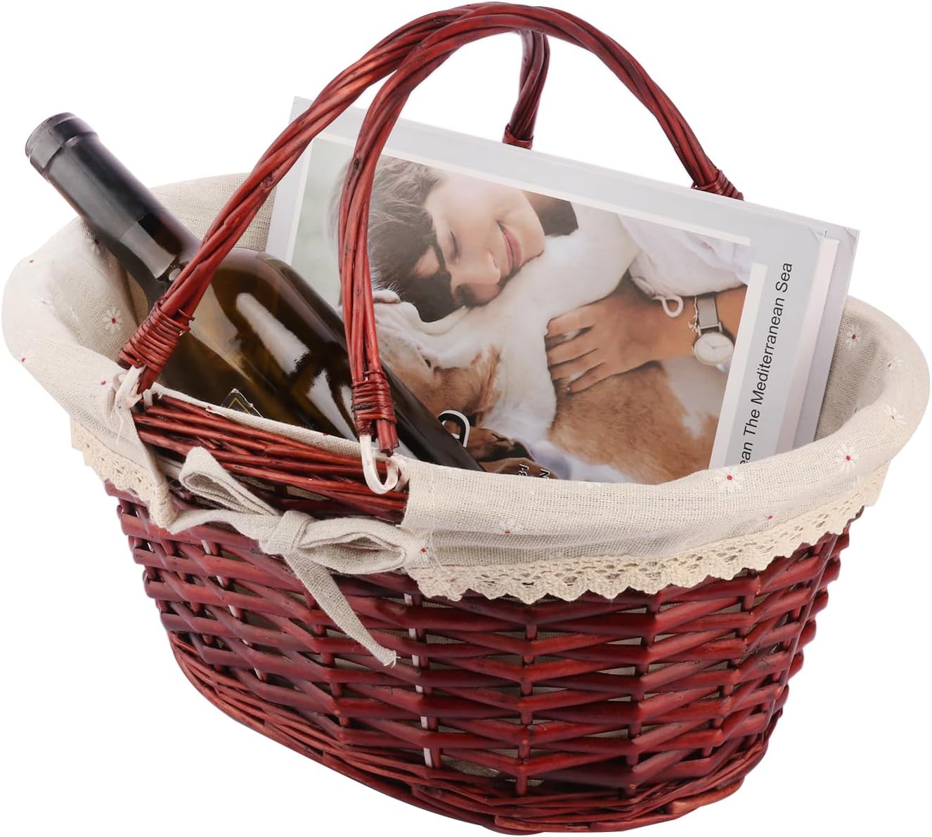Large Wicker Basket with Handle, 14.2 x 11 x 6.7 inch Wicker Picnic Basket with Liner, Empty Gift Basket, Oval Willow Woven Basket for Fruit, Candy, Wine, Gathering, Wedding, Picnic, by GNIEMCKIN.