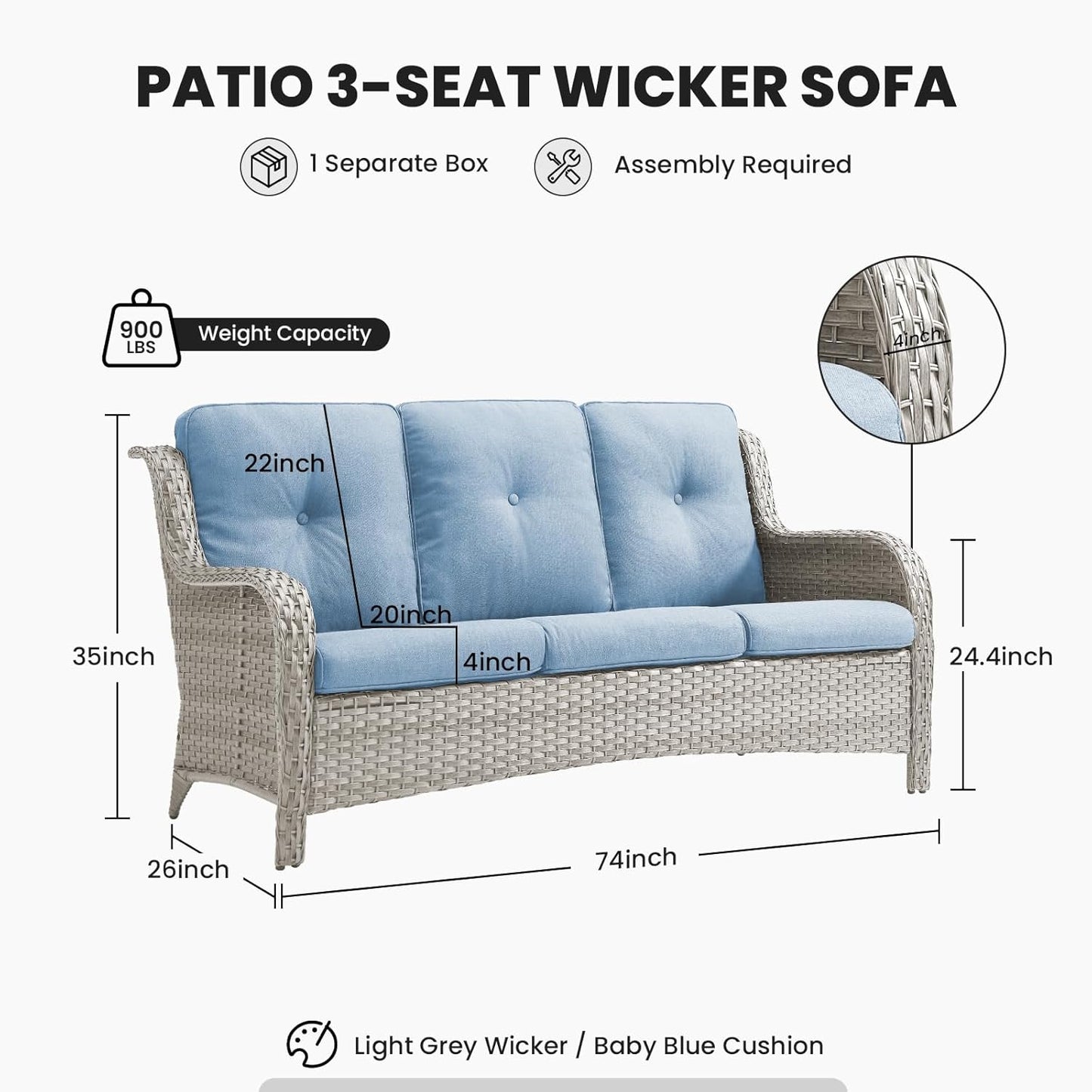 Outdoor Sofa Couch Wicker Furniture 3-Seater Rattan Sofa Patio Furniture Set with Washable 4“ Baby Blue Cushions