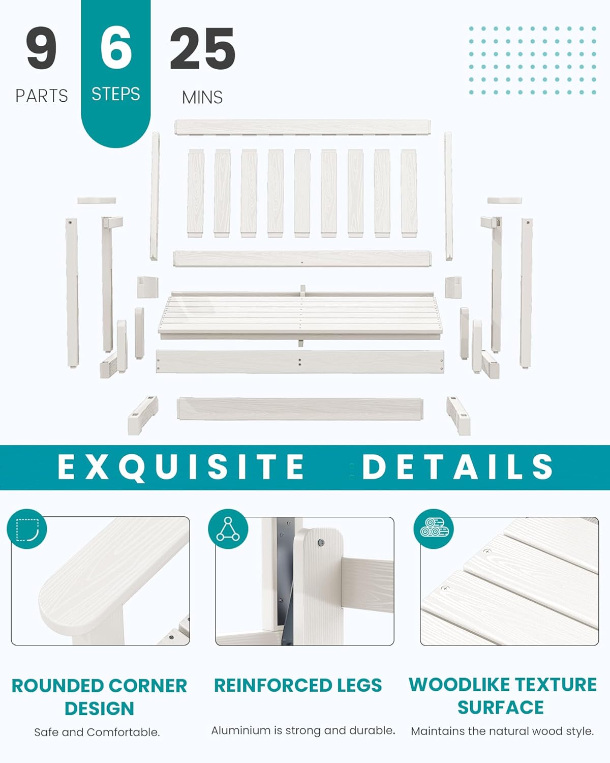 SERWALL Outdoor Glider Bench Set of 2, HDPE Weather-Resistant Swinging Bench for Backyard Garden Porch, White