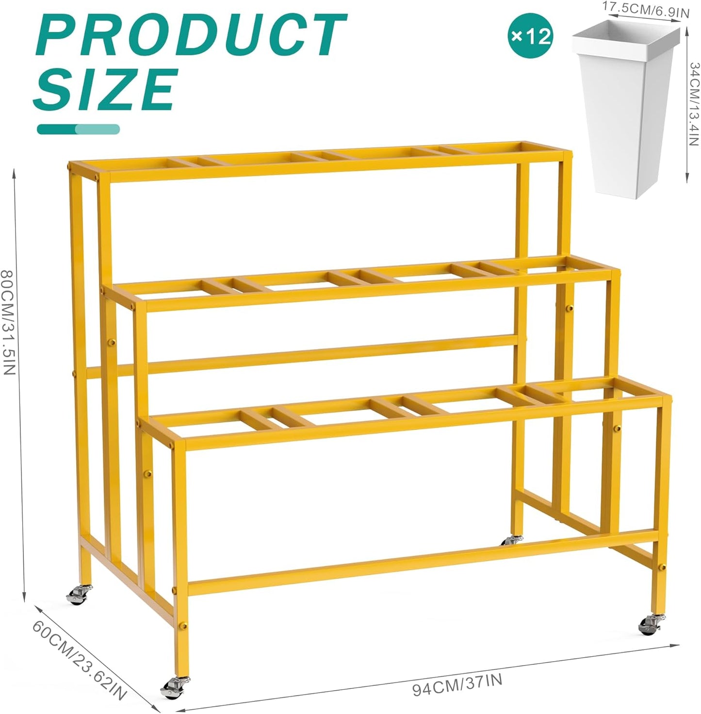 Putros Flower Display Stand with 12 Buckets Gold 3 Layers Metal Floral Cart with Wheels Moving Florist Bouquet Bar Plant Shelf for Indoor Outdoor Patio Garden Party Decor