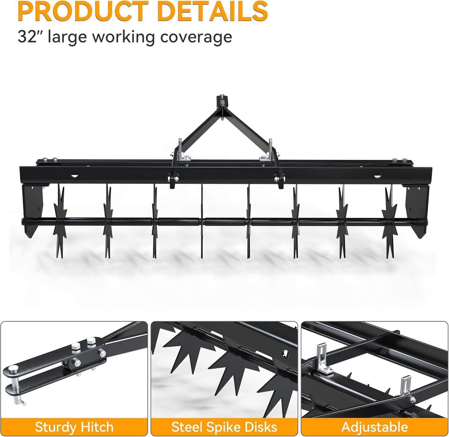 YINTATECH 48" Lawn Aerator Tow Behind with Universal Hitch for spike Aerator, Black