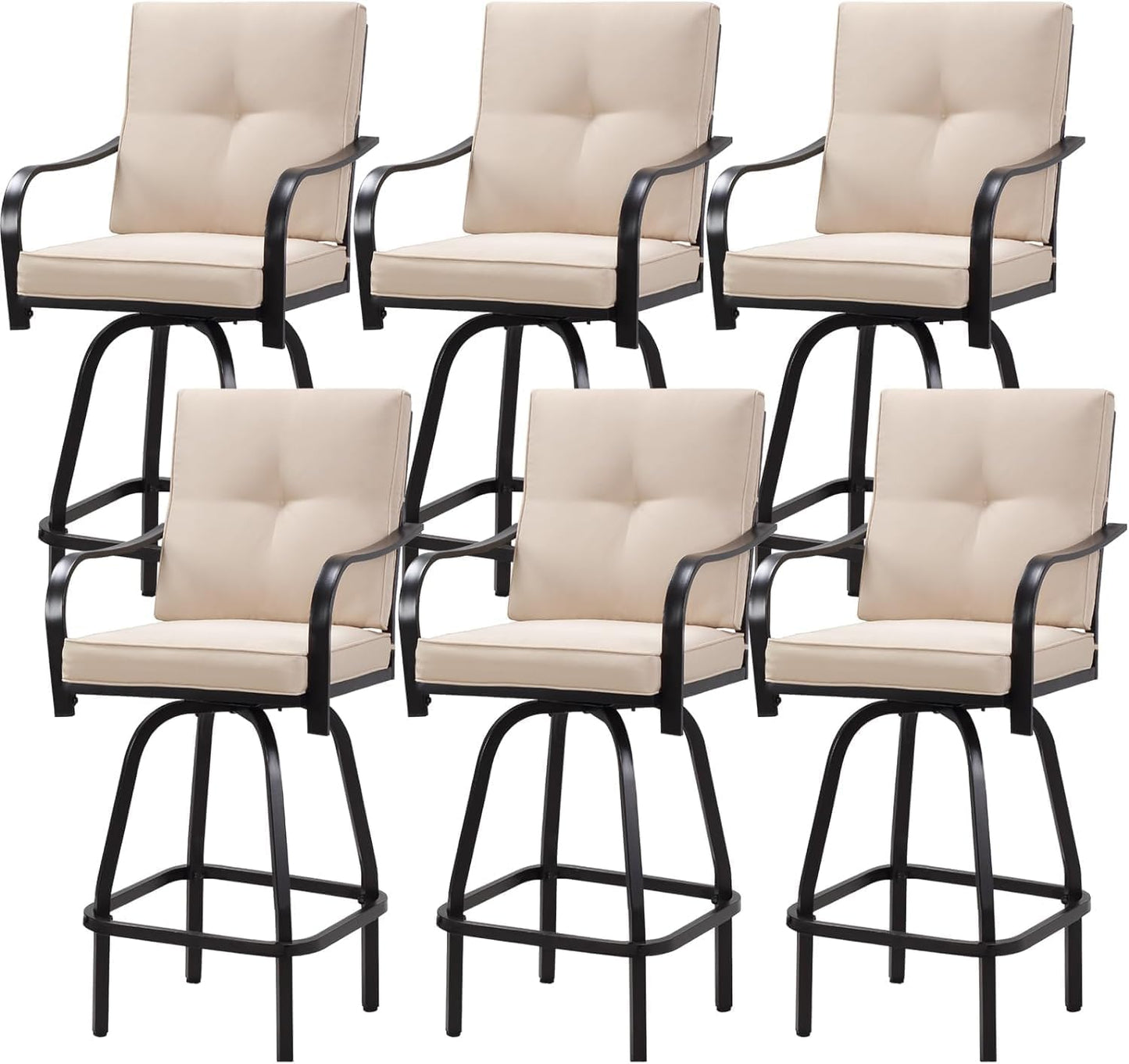 Patio Swivel Bar Stools, Outdoor High Back Swivel Bar Chair Set of 6 with Cushion & All Weather Steel Frame for Backyard, Lawn, Poolside and Balcony, Beige