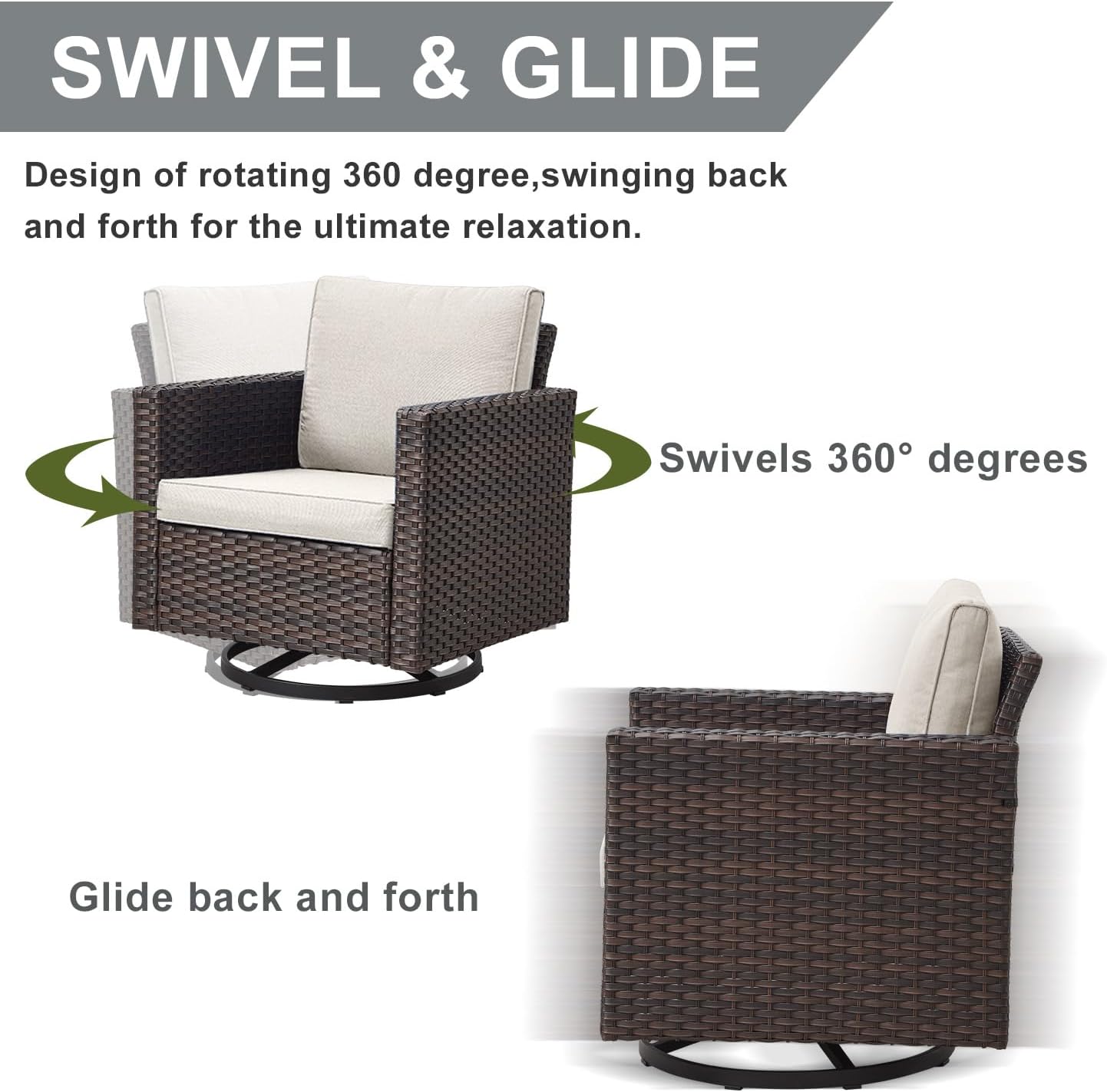 HUMMUH Patio Swivel Chairs Set of 2,PE Wicker Outdoor Rocker Chairs Bistro Set Porch Balcony Furniture with Cushions