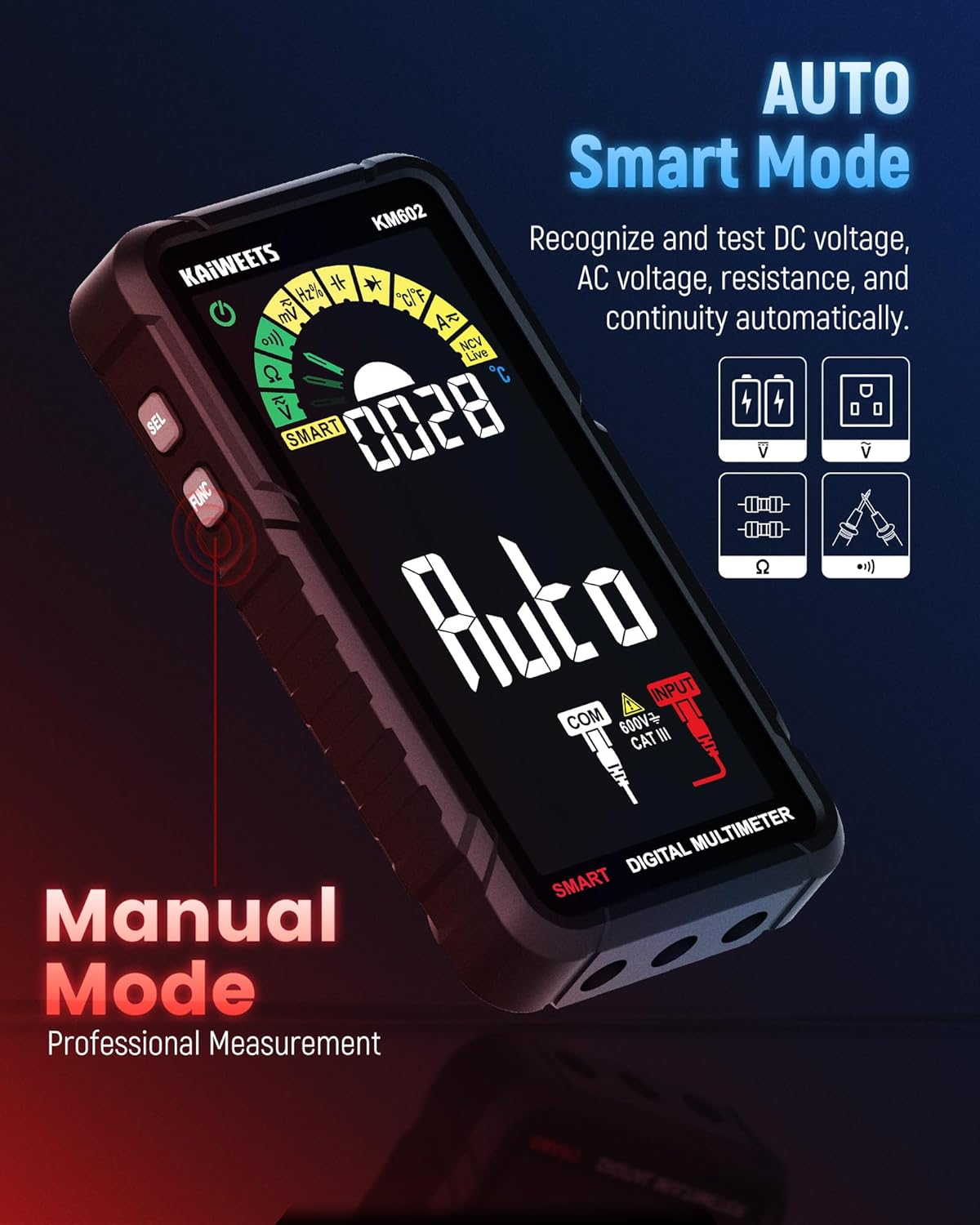 KAIWEETS Smart Multimeter Rechargeable Electrical Tester with Auto Ranging Digital Voltmeter Measures Voltage Current Resistance Continuity Capacitance Temperature Frequency NCV 6000 Counts TRMS