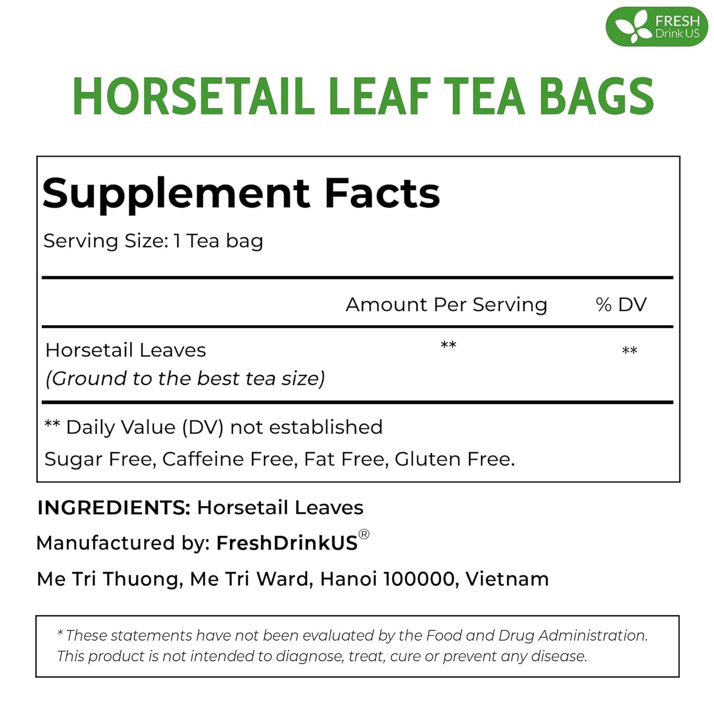 FreshDrinkUS, Premium 30 Horsetail Leaf Tea Bags, 100% Natural & Pure from Horsetail Loose Leaves Herbal Tea. Made with Natural Material Tea Bags. No Sugar, No Caffeine, No Gluten, Vegan.