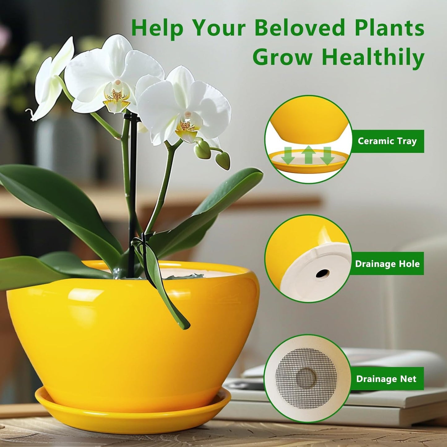 Ceramic Planter for Indoor Plants - 13 Inch Mid-Century Decorative Modern Large Plant Pot with Drainage Hole and Saucer, Home Balcony House Garden Patio Room Office Decor, Yellow