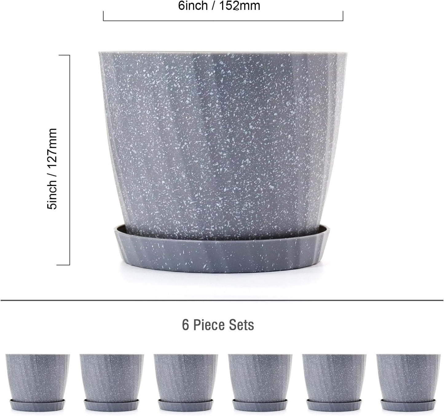 6 Inch Plant Pots Bulk, 6 Pack Plastic Planters with Drainage Holes and Saucers for Indoor Outdoor House Plants and Flowers, Grey Spots