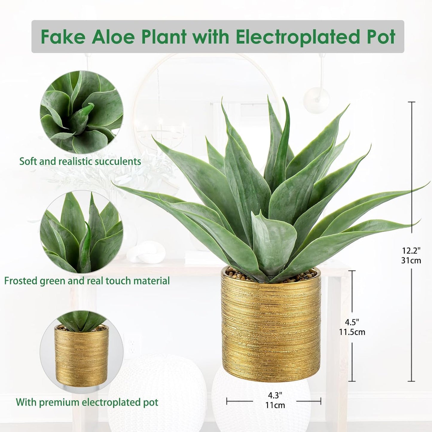 Large Faux Agave Plant Artificial Aloe Vera Plant Fake Succulent Plants in Pot Realistic Agave Plant Artificial Potted Plants for Home Living Room Table Office Desk Bathroom Indoor Decor(Brushed Gold)