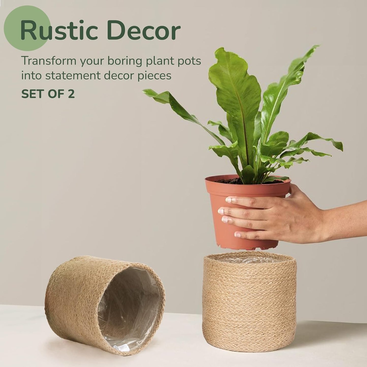 Jute Planter Basket-Woven Jute Rope Covers for Decorating Indoor/Outdoor Succulents, Small Plant Pots-Set of 2-Multi-Purpose Storage Bins 6.5 Inches - Modern Style Décor- Brown