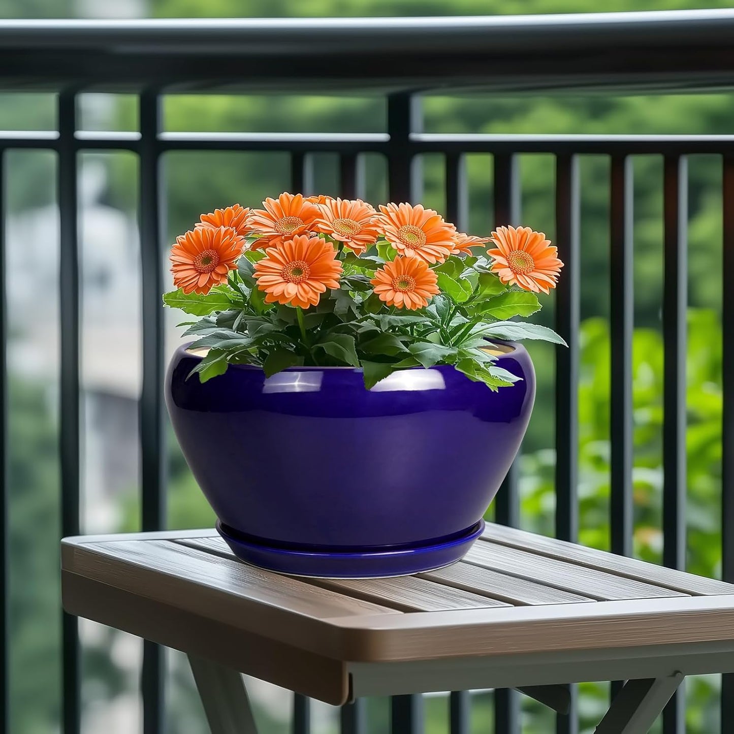 Ceramic Pot for Plants - 11 Inch Modern Round Indoor Planter with Drainage Hole and Planter Saucer for Flowers, Patio Office Home Room Decor, Gardening Gifts for Women & Men, Blue