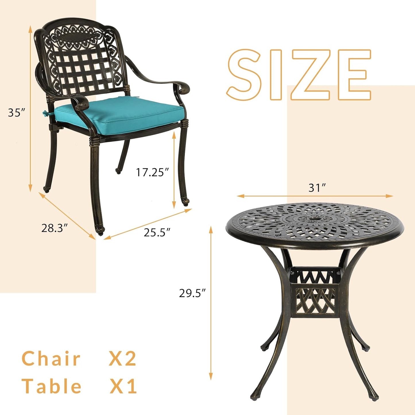 3-Piece Outdoor Patio Dining Set, All-Weather Cast Aluminum Patio Furniture Set for Backyard Garden Deck with 2 Cushioned Chairs and 31” Round Table, 2" Umbrella Hole, Ocean Blue