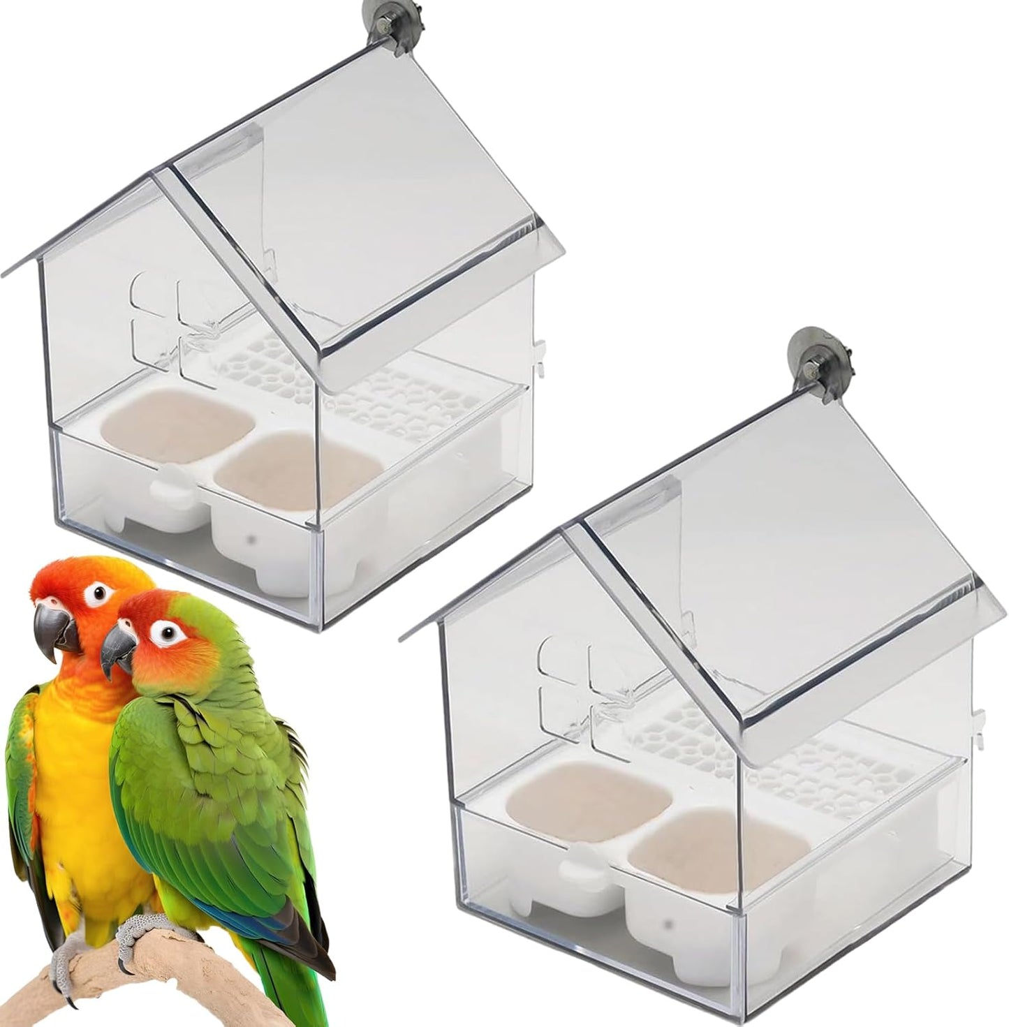 Ziveseller/Sowhathow Pull-Out External Parrot Feeder, Parrot Feeder Parakeet House Bird Bath Transparent Dish Water, Hanging Wild Bird Seed with Squirrel Proof Tray (White*2)