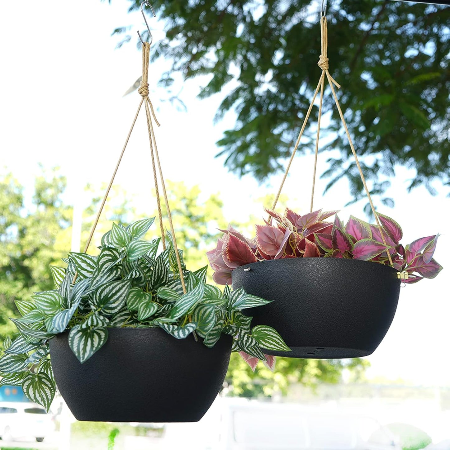 12 Inch 2 Pack Large Hanging Planters for Indoor Outdoor Plants, Plastic Hanging Basket Pots for House Plants Flowers, Black