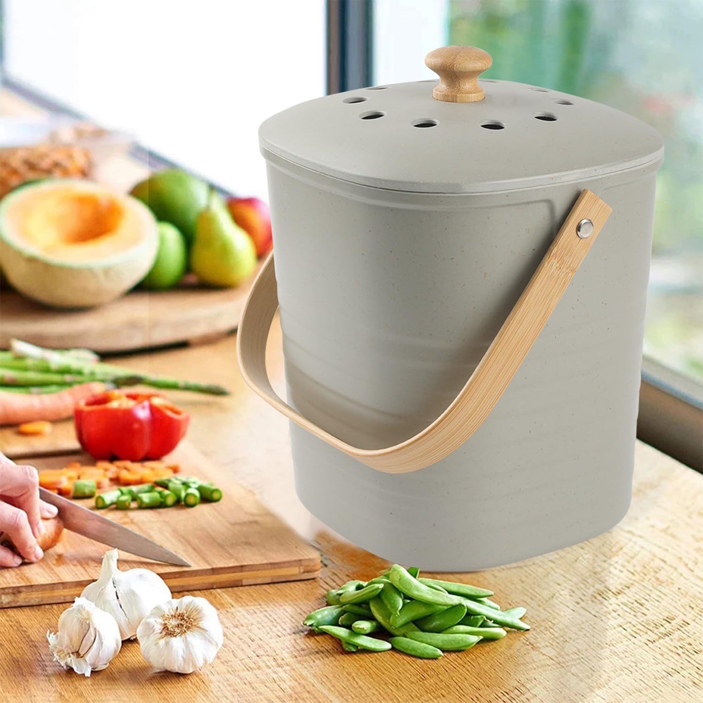 Compost Bin Kitchen, LALASTAR Countertop Compost Bin with Lid, Made of Sustainable Bamboo Fiber, Odorless Indoor Compost Bucket, 1 Gallon, Grey, Square