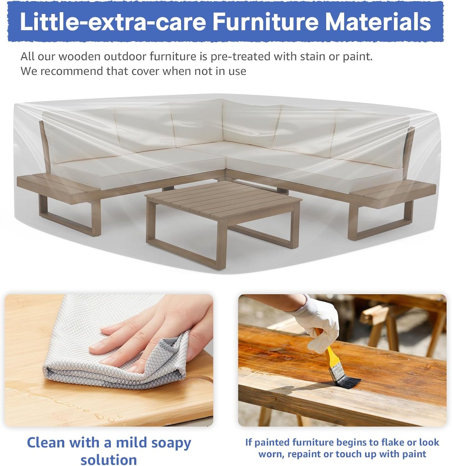 Soleil Jardin 4 Piece Acacia Wood Patio Furniture L-Shaped Outdoor Sectional Sofa Set with Coffee Table, FSC Certified Conversation Set with Built-in Side Table and Cream White Cushions for Garden